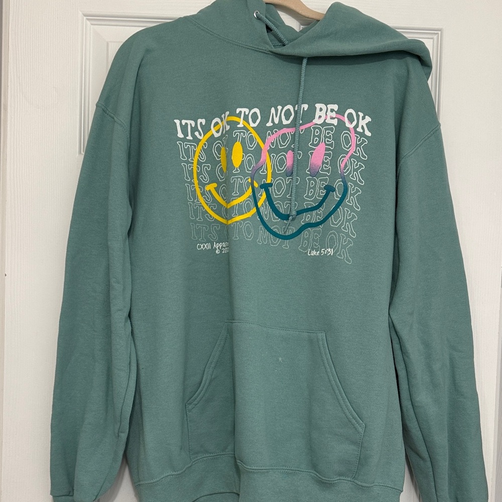 Teal Graphic Hoodie with Smiley Faces